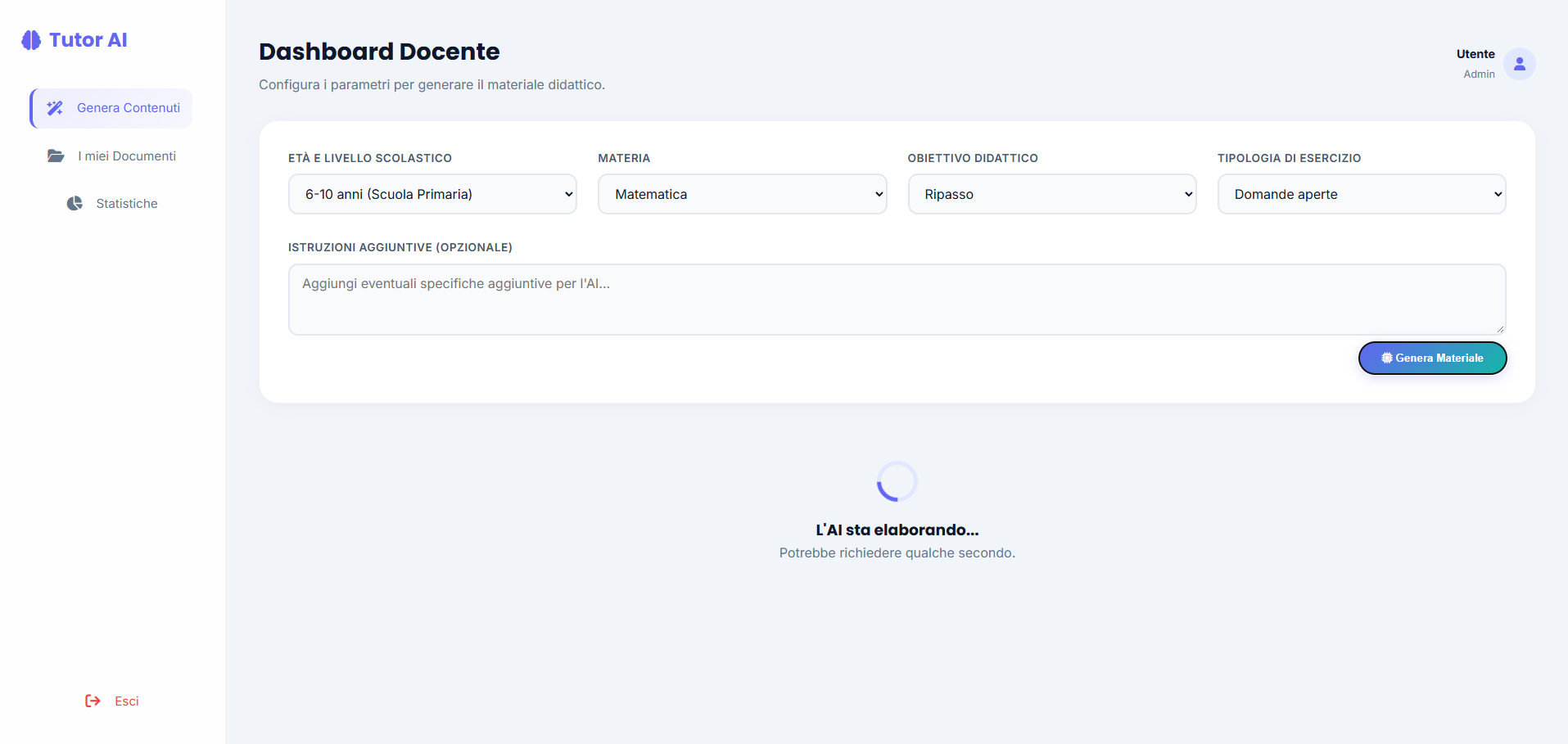 Dashboard per configurazione e generazione materiali didattici con AI