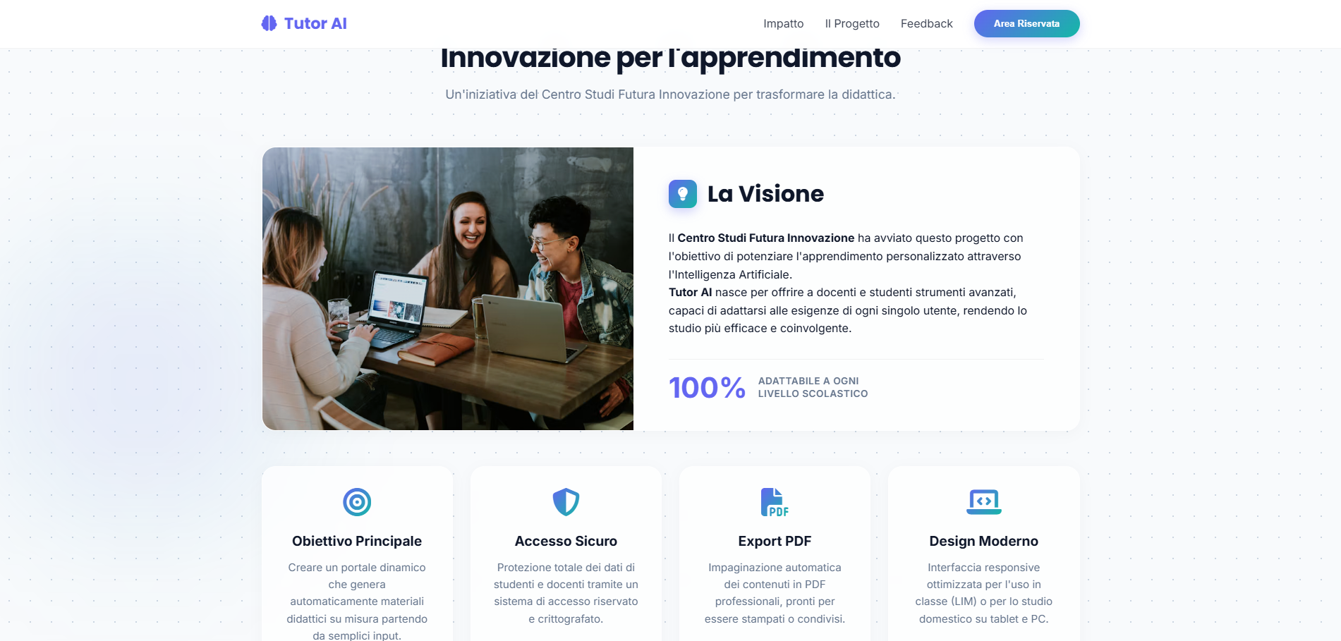 Sezione obiettivi e caratteristiche didattiche della landing page