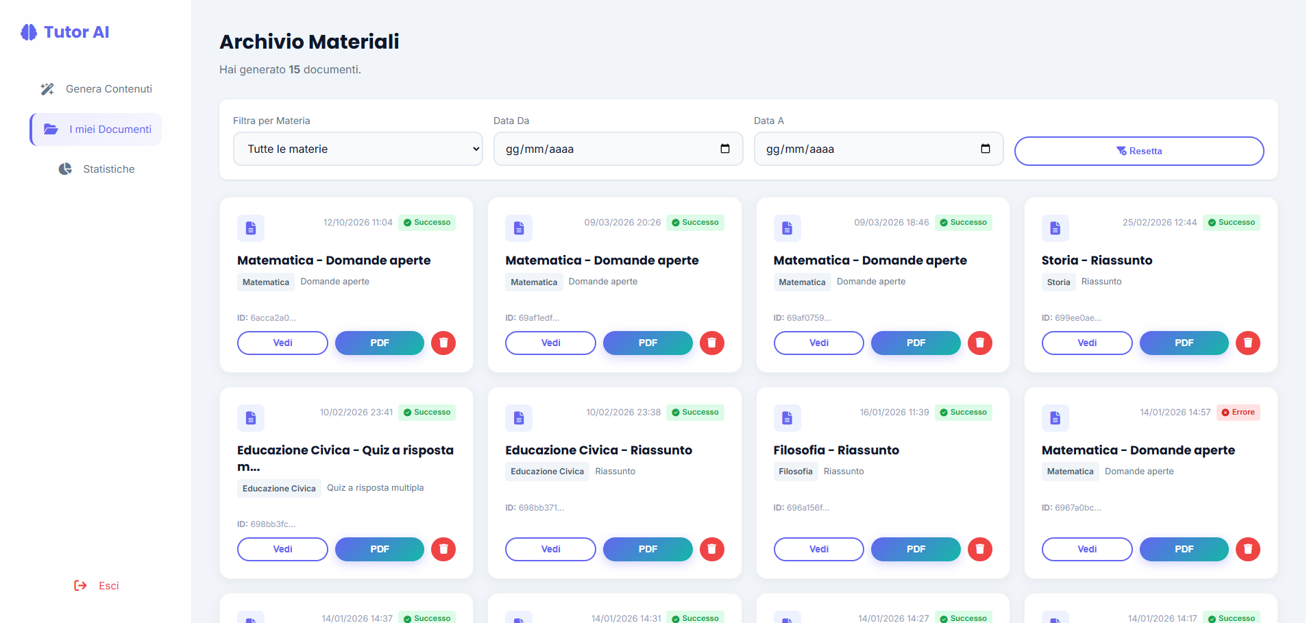 Archivio documenti e storico verifiche generate